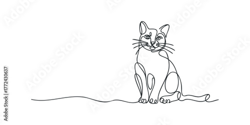Continuous line drawing of a seated cat with whiskers and ears