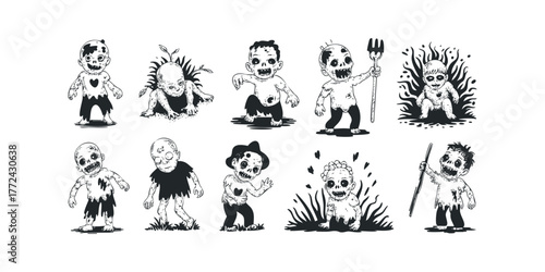 Collection of cute zombie children characters for spooky Halloween theme