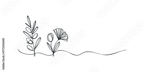 Line drawing of botanical elements with wavy ground