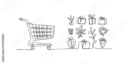 Single line drawing of shopping cart with gifts and plants