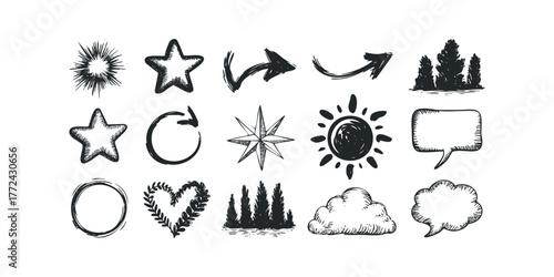 Hand drawn icons of natural elements and symbols
