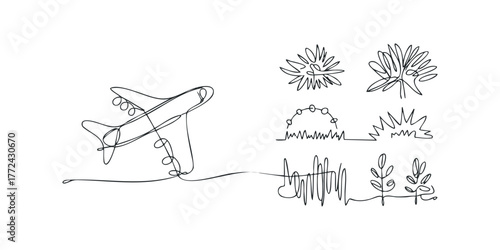 One line drawing of airplane with abstract shapes and plant