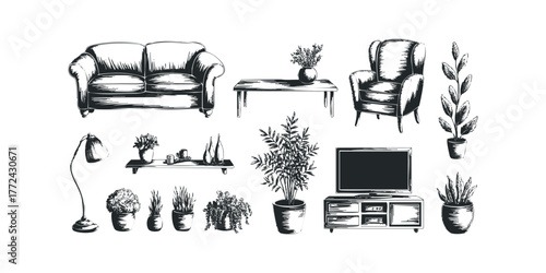 Living room furniture and potted plants collection