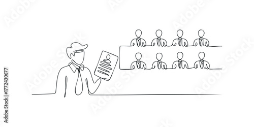 Man holding resume confronts row of applicants