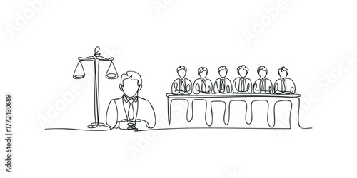 Courtroom scene with a lawyer and jury