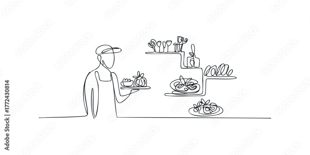 Obraz premium Chef serving food on a tray with kitchen shelves in the background