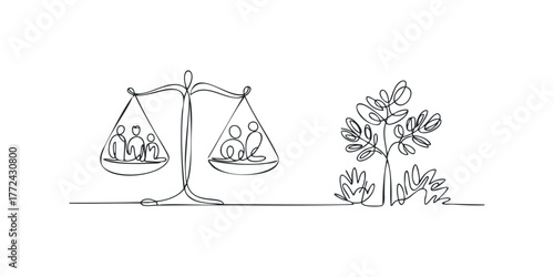 Balance scales with people and plant