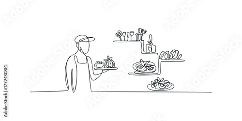 Chef serving food on a tray with kitchen shelves in the background