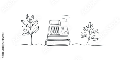 Simple continuous line drawing of a cash register with plants
