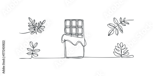 Minimalist single line drawing of chocolate bar with foliage