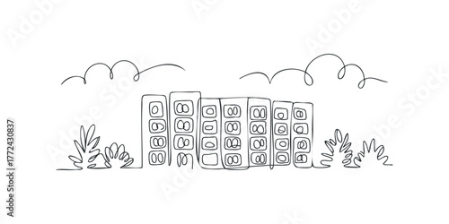 Minimalist building sketch with plants and clouds