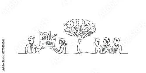 People gather to view a presentation with a tree symbolizing growth