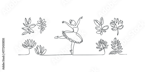 Minimalist single line drawing of a ballerina in graceful pose with abstract foliage