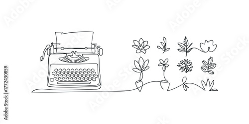 Continuous line drawing of vintage typewriter with foliage