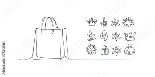 Shopping Bag With Organic Line Art Icons
