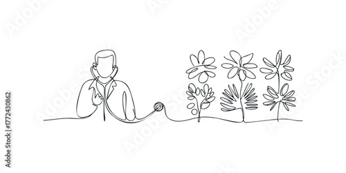 Doctor with stethoscope connected to botanical elements