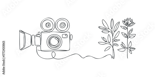 Single line drawing of vintage film camera and plant