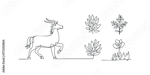 Single line drawing of a horse and foliage elements