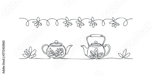 Single line drawing of two teapots with floral elements