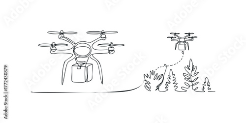 Drone delivering package over simplified foliage