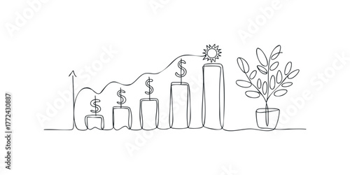 Growing financial graph with dollar signs and sun
