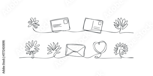 Simple Line Drawings of Postcards, Envelope, and Flowers