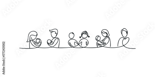 Continuous Line Art Family Holding Babies