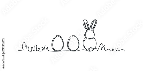 Single line drawing of a bunny with Easter eggs