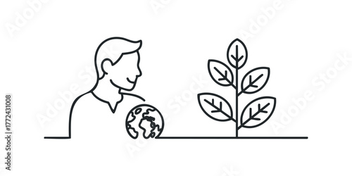 Person holding globe near growing plant outline