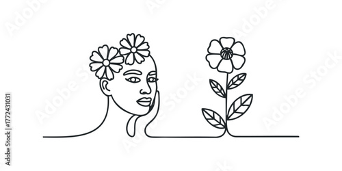 Minimalist Line Drawing Woman With Flowers