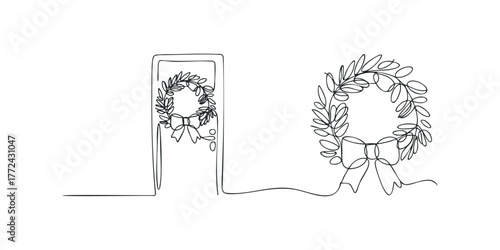 Continuous line drawing of a festive wreath and door
