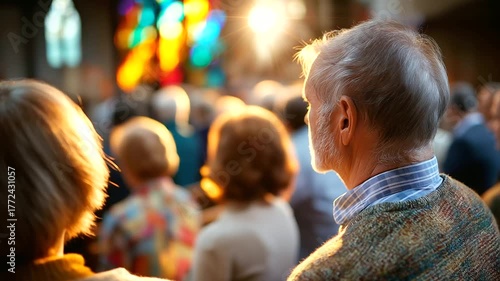 People gathered at religious service, sunlight through stained glass, reverence and peace, spiritual connection, community faith, unity and hope, shared belief, emotional harmony,