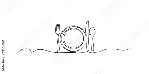 Single line drawing of plate fork and spoon