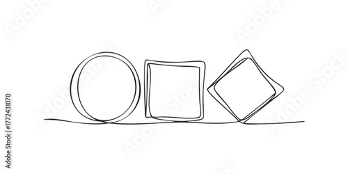 Three Abstract Geometric Shapes Connected by a Single Line