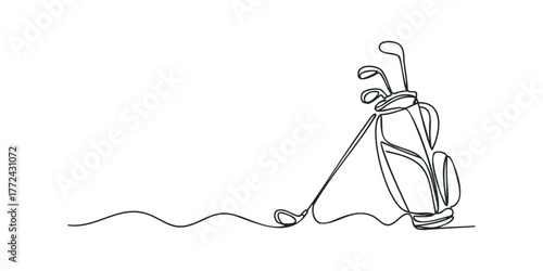 Line art golf bag with clubs and tee on wavy ground