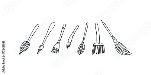 Collection of hand-drawn paintbrushes and brooms