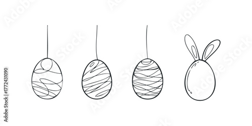 Four sketched Easter eggs with decorative lines and bunny ears