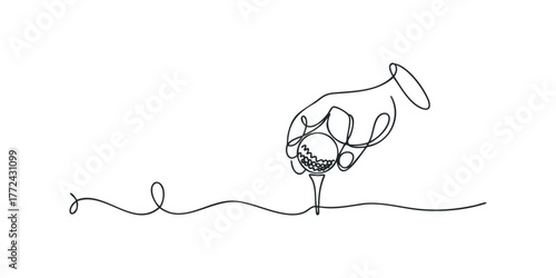 Hand placing golf ball on tee abstract line drawing
