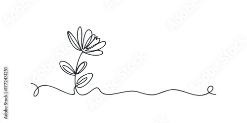 Minimalist single line drawing of a stylized flower with stem and leaves
