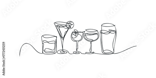 Line drawing of assorted cocktail glasses and tumblers