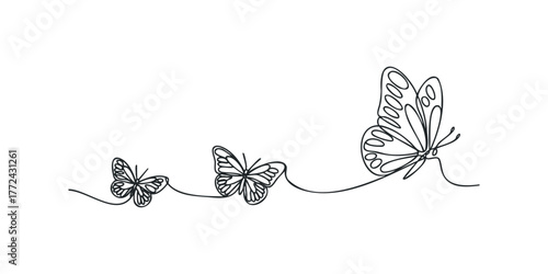Continuous line drawing of three butterflies in progression