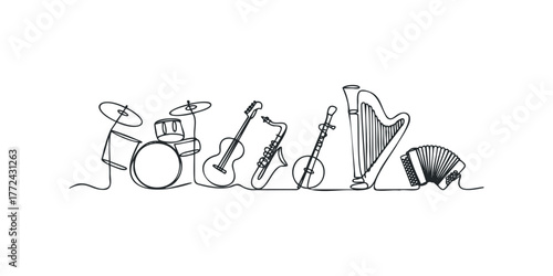Assortment of Musical Instruments in Continuous Line Drawing