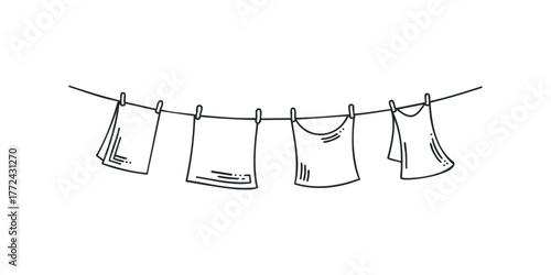 Hand drawn laundry items drying on a clothesline