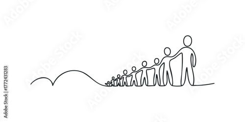 Continuous line drawing of people in ascending sizes