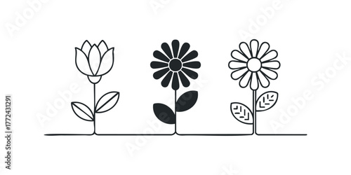 Three stylized flowers with leaves on a white background