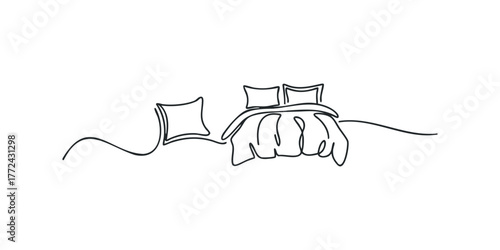 Minimalist single line drawing of a made bed with pillows