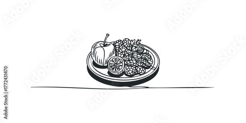 Sketch of apple, lemon slice, and berries on a plate