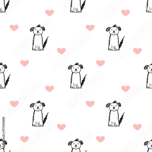 Seamless pattern with lineart dog and pastel hearts, white background, Valentine day illustration.