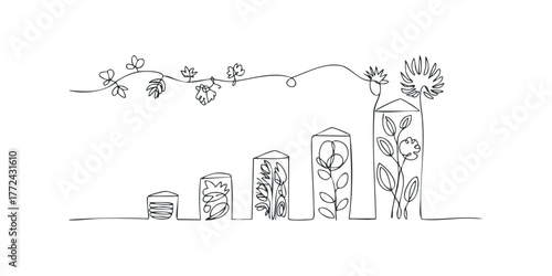 Continuous line drawing of plants growing in abstract containers