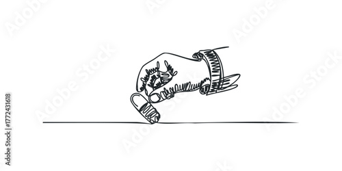 Hand holding medicine capsule, minimalist line drawing